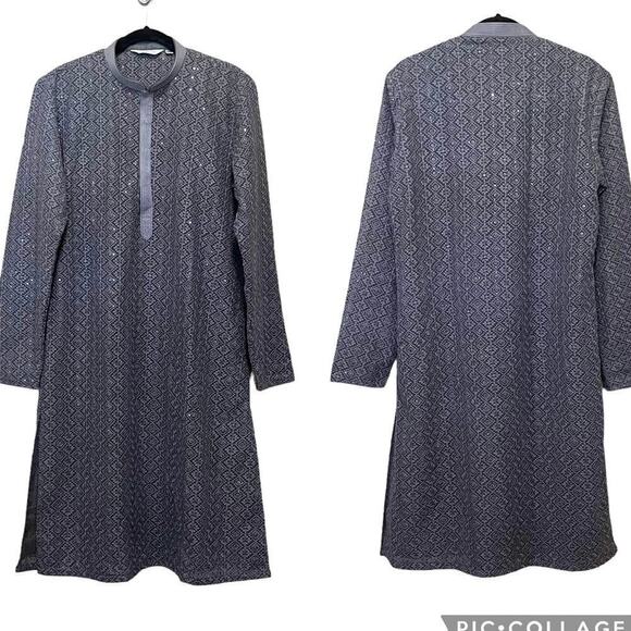 SENSO Indian Kurta Gray Long Sleeve High Neck Tunic Sequin Dress Women’s Sz 40/M - Picture 1 of 11